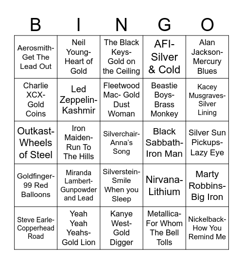 Radio Bingo "Metal" Music Bingo Card