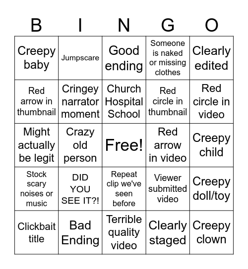 SCARY YOUTUBE VIDEO BINGO Card