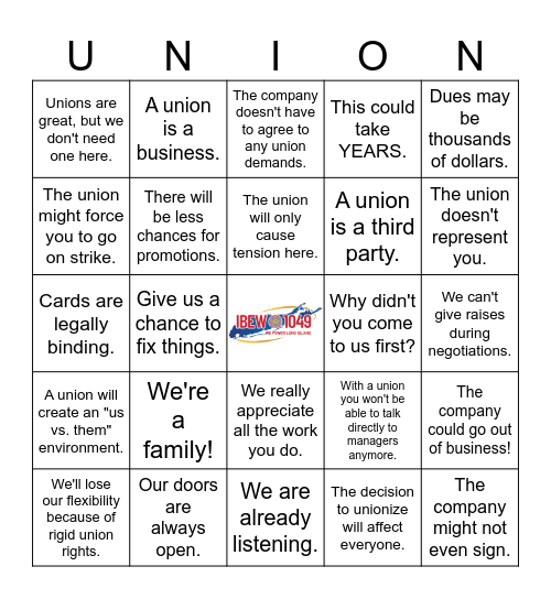 Union Busting Bingo Card