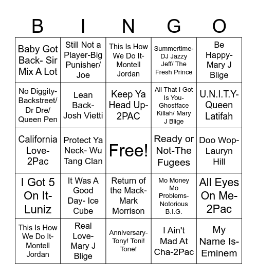 1990-2000 Hip-Hop Bingo Card