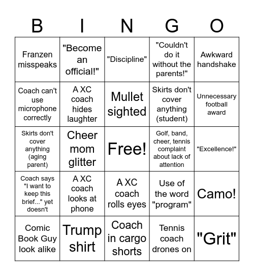 SJO Sports Awards Bingo Card