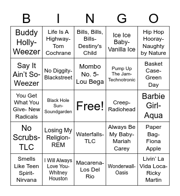 90s - Musical Bingo Card