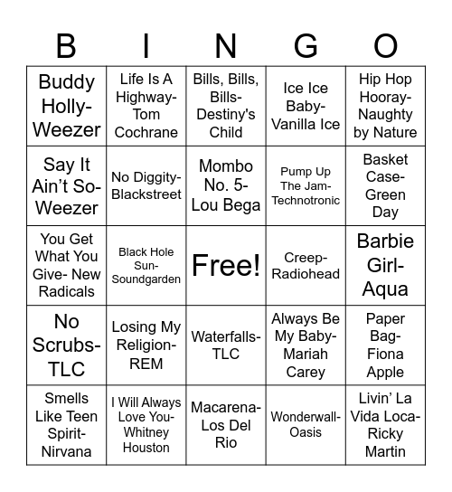 90s - Musical Bingo Card