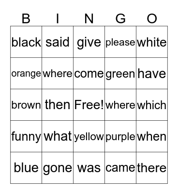Word List 4th 9 Weeks Colors and More Bingo Card