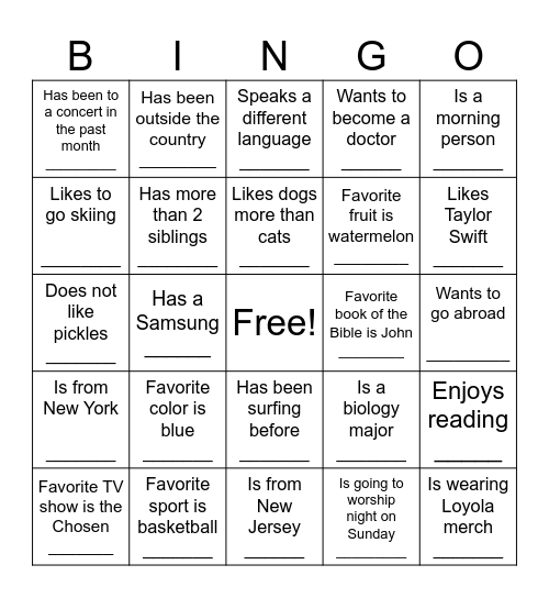 InterVarsity Bingo Card