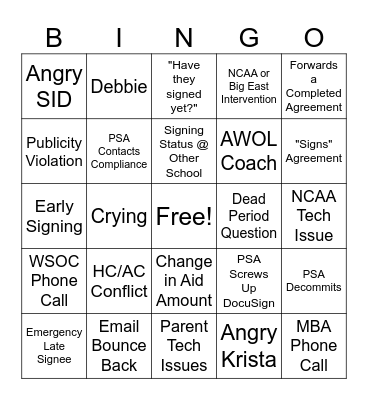 Signing Day 2024 Bingo Card
