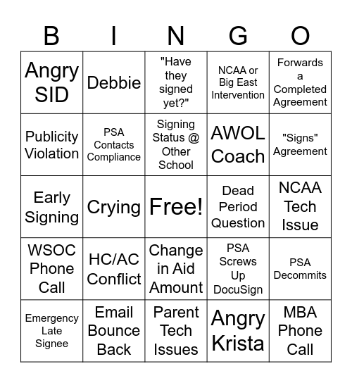 Signing Day 2024 Bingo Card