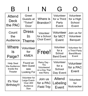 PAC Volunteer BINGO Card