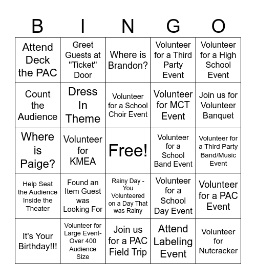 PAC Volunteer BINGO Card