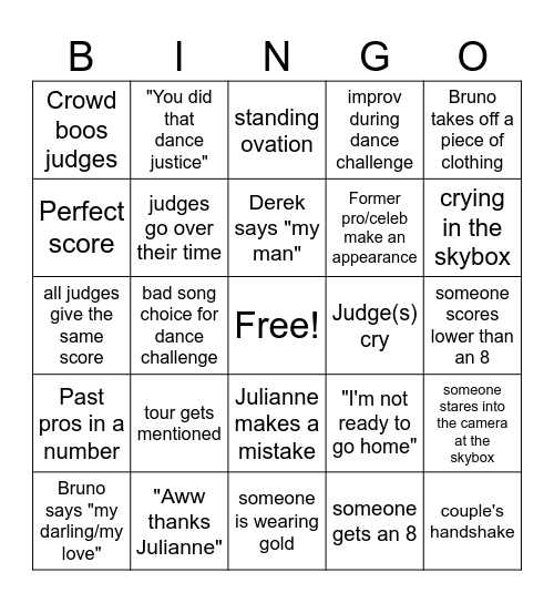 DWTS 500th Episode Bingo Card