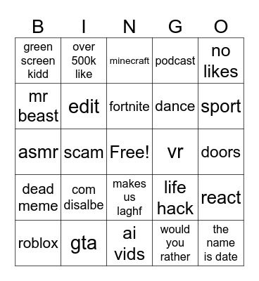yt shorts bengo Bingo Card