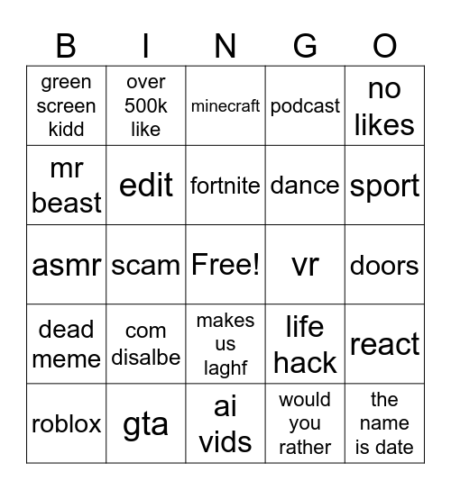 yt shorts bengo Bingo Card