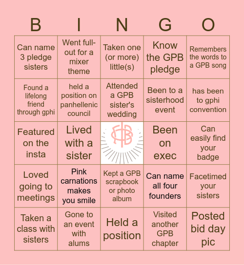 Gamma Phi Beta Bingo! Bingo Card