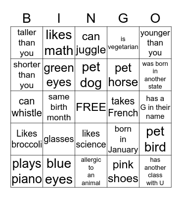 Classmate Bingo Card