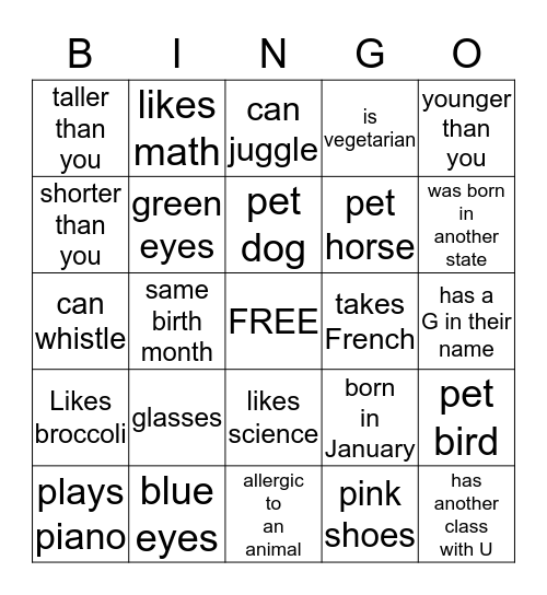 Classmate Bingo Card