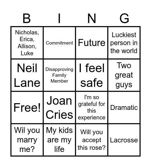 Golden Bachelorette Finale Bingo Card