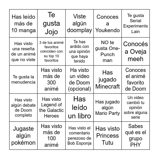 Bingo Doomentiano Bingo Card