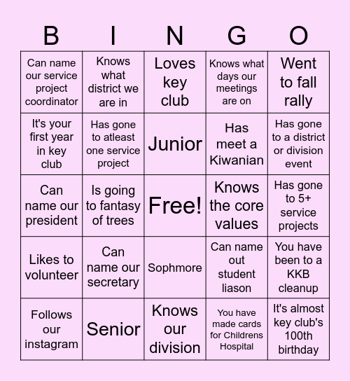 Key Club Bingo Card