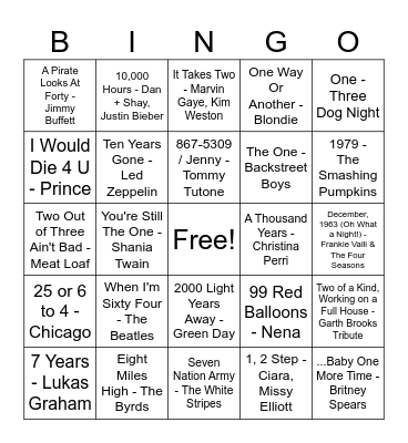 Songs With #'s in the Title Bingo Card