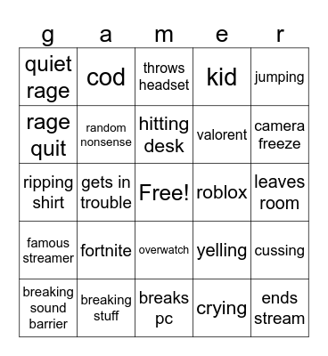 gamer rage bingo :) Bingo Card