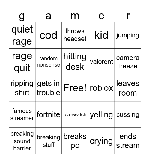 gamer rage bingo :) Bingo Card