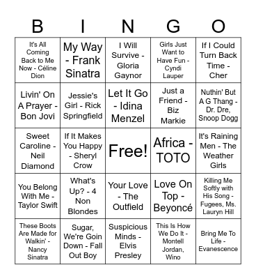 Billboards Top Karaoke Picks Bingo Card