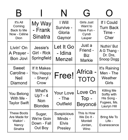 Billboards Top Karaoke Picks Bingo Card