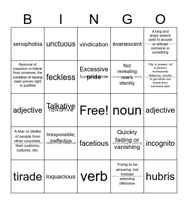 Vocabulary Bingo Card