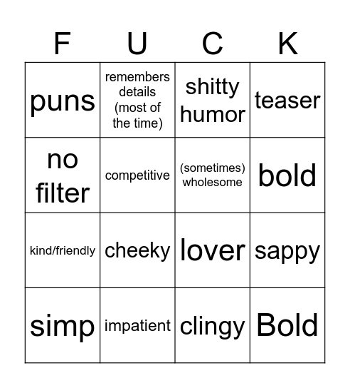 Personality Bingo Card