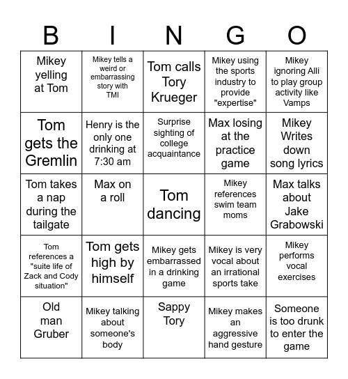 Bucko Bingo Card