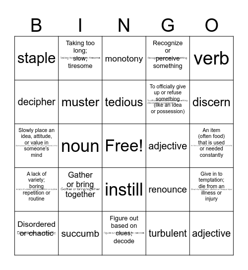 Vocabulary Bingo - Block A Bingo Card