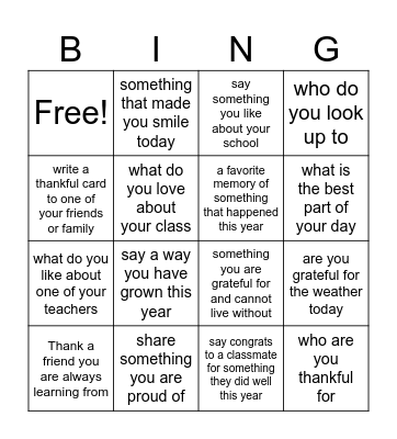 Gratitude BINGO 2nd grade Bingo Card