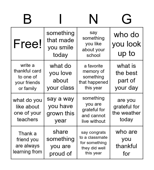 Gratitude BINGO 2nd grade Bingo Card