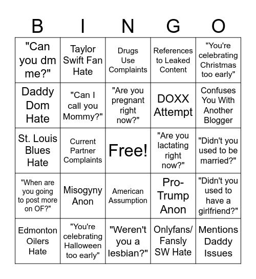 Zoe Weird Tumblr Anon Bingo Card