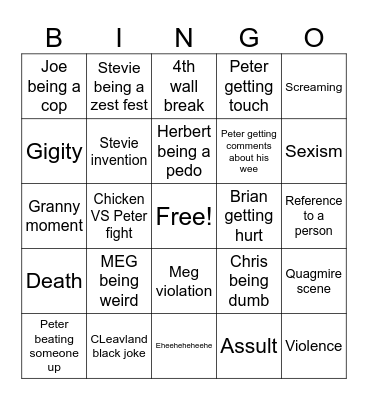 Family guy Bingo Card