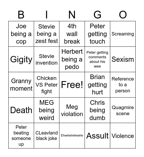 Family guy Bingo Card