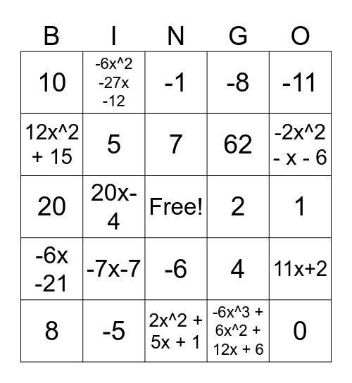 Functions Bingo Card