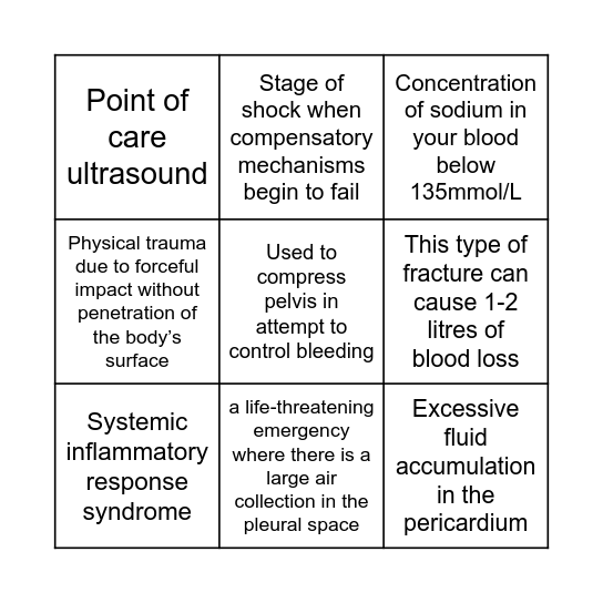 TRAUMA BINGO Card