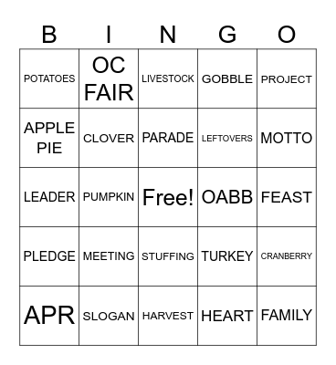 OABB Thanksgiving Bingo Card