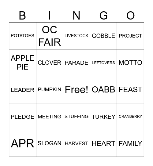 OABB Thanksgiving Bingo Card