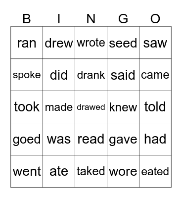 Past Tense Irregular Verbs Bingo Card