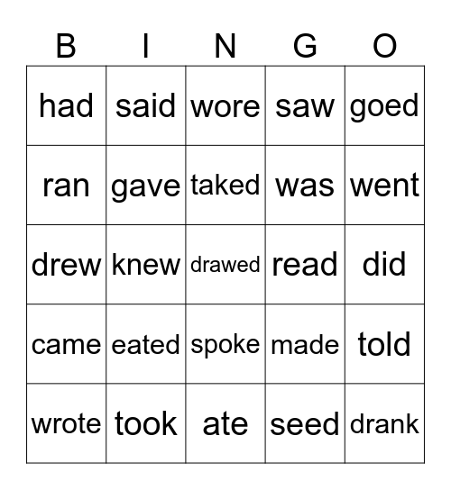 Past tense irregular verbs Bingo Card