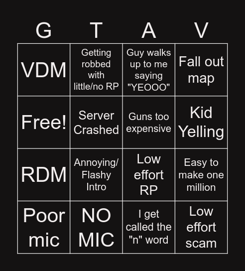 Samu's GTA V Server Review Bingo Card