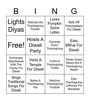 Diwali & Thanksgiving Bingo Card