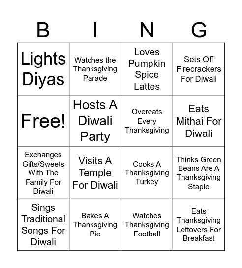 Diwali & Thanksgiving Bingo Card