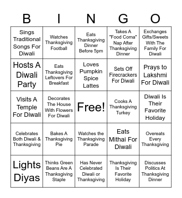 Diwali & Thanksgiving Bingo Card