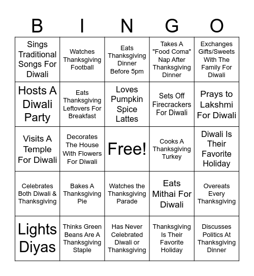 Diwali & Thanksgiving Bingo Card