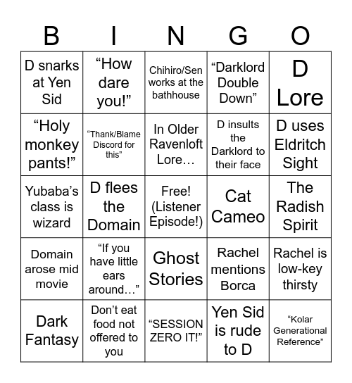 WWoDL: Spirited Away Bingo Card