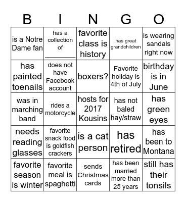 More Steele Family BINGO Card