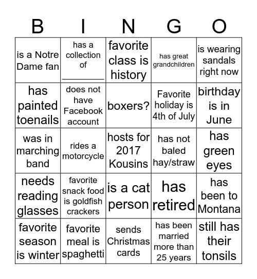 More Steele Family BINGO Card